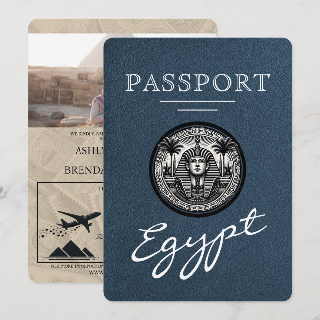 Convite Navy Blue Egypt Passport Wedding Invitation (Frente/Verso)