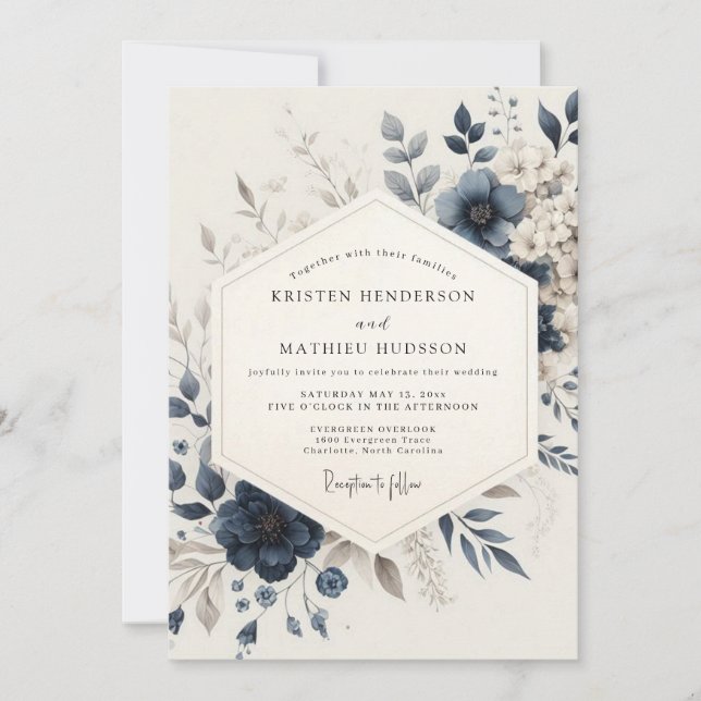 Convite Navy Blue Ethereal Bloom Wedding (Frente)