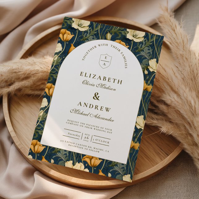 Convite Navy Blue Floral Arch Elegant Wedding (Criador carregado)