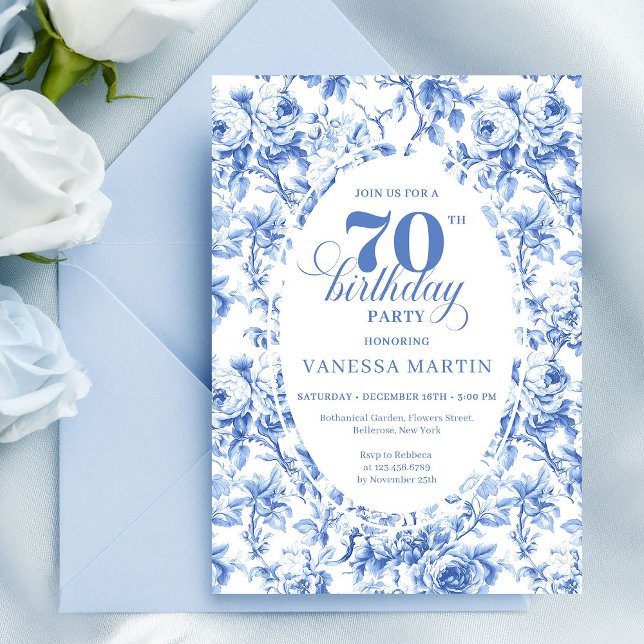 Convite Navy Blue Floral Chic 70th Birthday Invitation (Navy Blue Floral Chic 70th Birthday Invitation)