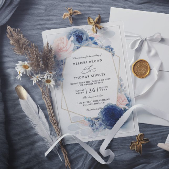 Convite Navy Blue Floral Dusty Budget QR Code Wedding (Criador carregado)