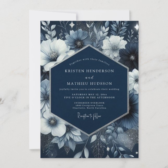Convite Navy Blue Floral Enchantment Wedding (Frente)