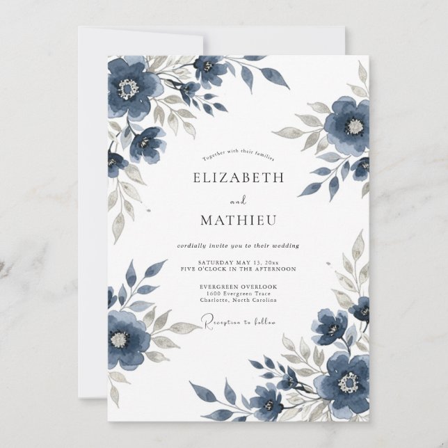 Convite Navy Blue Floral Meadow Wedding (Frente)