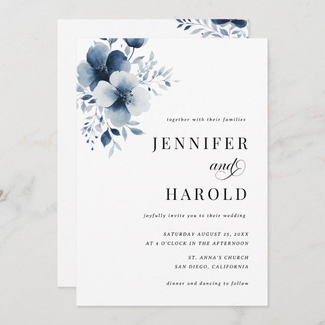 Convite Navy Blue Floral Minimal Plain All in One Wedding (Frente/Verso)