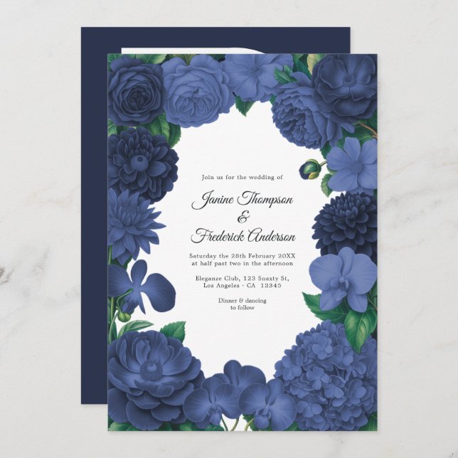 Convite Navy Blue Floral Photo and QR Code Wedding (Frente/Verso)