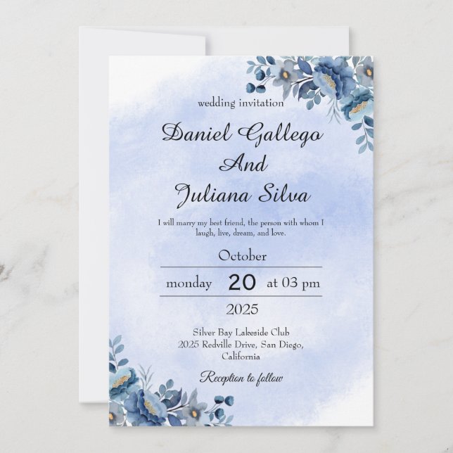 Convite Navy Blue Floral Wedding Invitation (Frente)