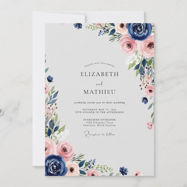 Convite Navy Blue Flourishing Spring Wedding (Frente)