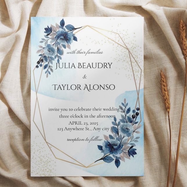 Convite Navy Blue Geometric Floral Wedding Invitation (Criador carregado)