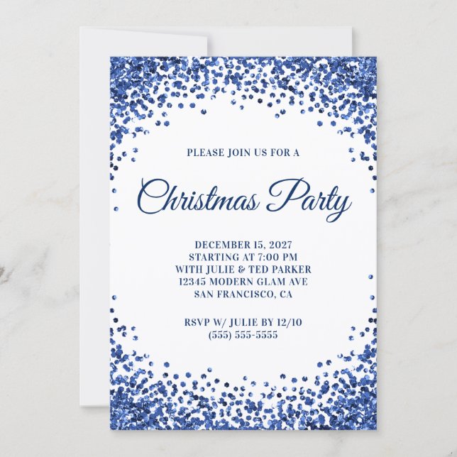Convite Navy Blue Glitter Border White Christmas Party (Frente)