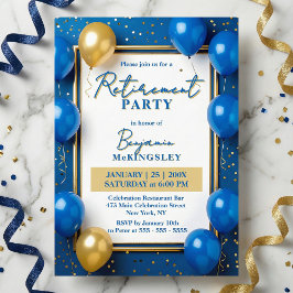 Convite Navy Blue Gold Balloons Confetti Retirement Party