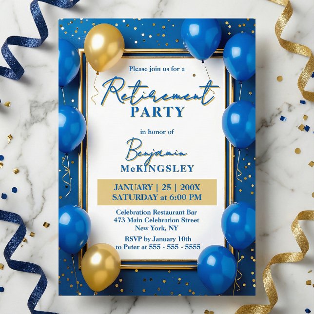 Convite Navy Blue Gold Balloons Confetti Retirement Party (Criador carregado)