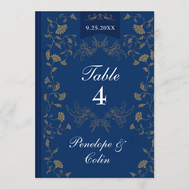 Convite Navy Blue Gold Book Cover Wedding Table Number  (Frente)