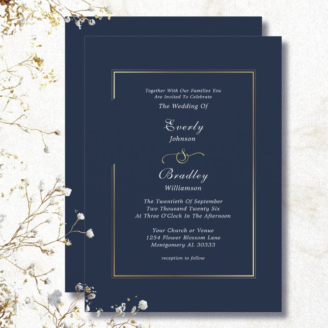 Convite Navy Blue Gold Border Minimal Elegant Wedding (Criador carregado)