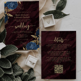 Convite Navy Blue Gold Floral Burgundy QR Code Wedding