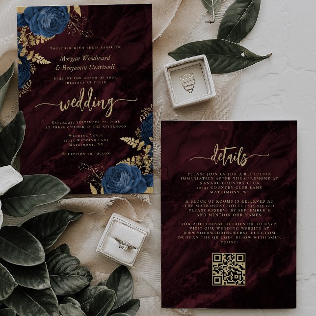 Convite Navy Blue Gold Floral Burgundy QR Code Wedding (Criador carregado)