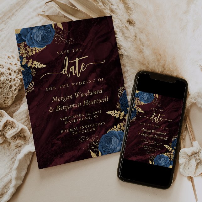 Convite Navy Blue Gold Floral Burgundy Save the Date (Criador carregado)