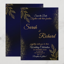 Convite Navy Blue Gold Luxury Wedding Invitation