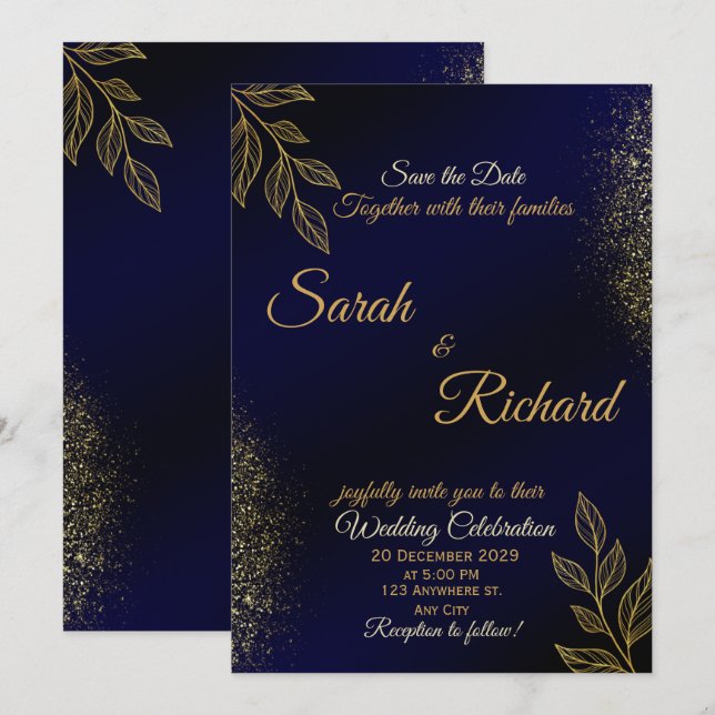 Convite Navy Blue Gold Luxury Wedding Invitation (Frente/Verso)