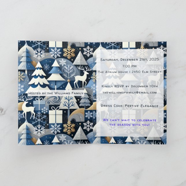 Convite Navy Blue Gold Nordic Christmas Forest (Interior)