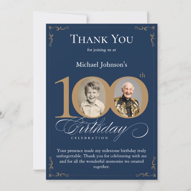 Convite Navy Blue Gold Photo 100th Birthday Thank You Card (Frente)