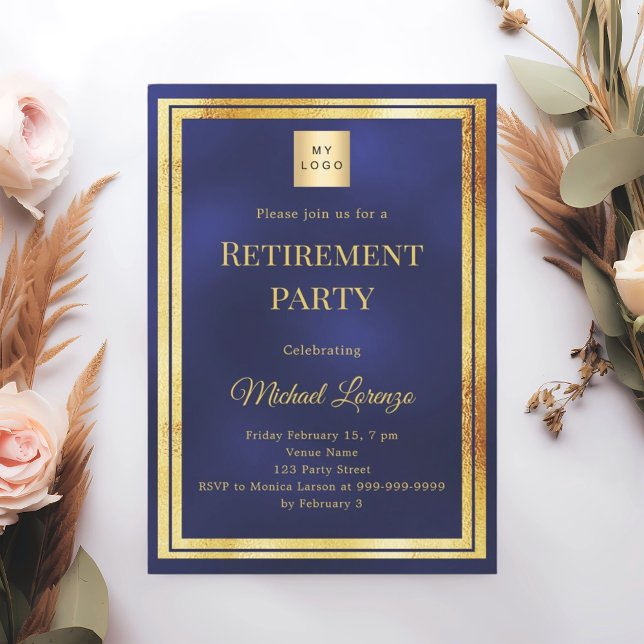 Convite Navy blue gold retirement party business logo (Criador carregado)