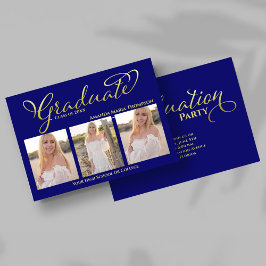 Convite Navy Blue Gold Script Photo Collage Graduation