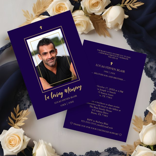Convite Navy Blue & Golden Traditional Elegant Funeral  (Navy Blue & Golden Traditional Elegant Funeral Photo Invitation Card. )