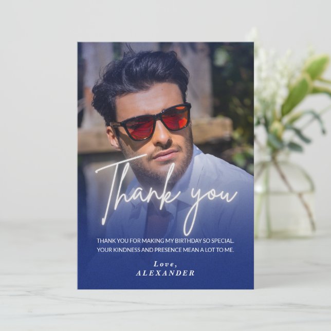 Convite Navy blue Gradient Photo Birthday Thank you card (Em pé/Frente)