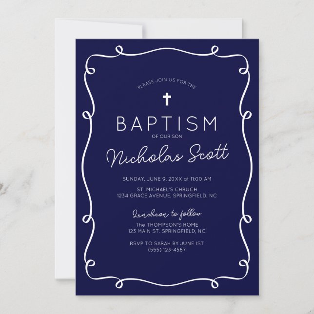 Convite Navy Blue Hand Drawn Baptism Invitation (Frente)