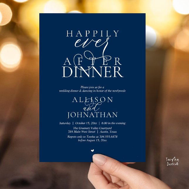 Convite Navy Blue Happily Ever After Dinner Modern Wedding (Navy Blue Happily Ever After Dinner Modern Script Wedding Invitation Card)