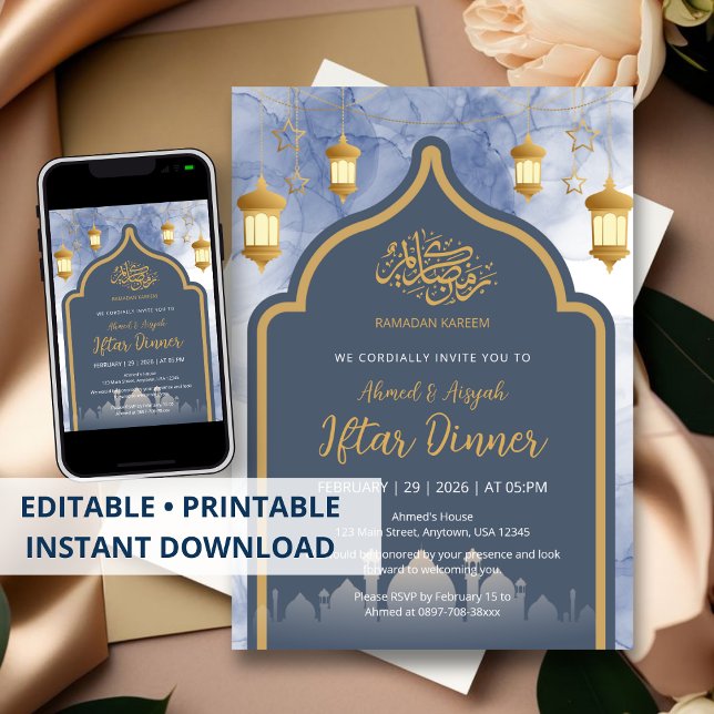 Convite Navy Blue Ink & Gold Frame Iftar Invitation (Criador carregado)