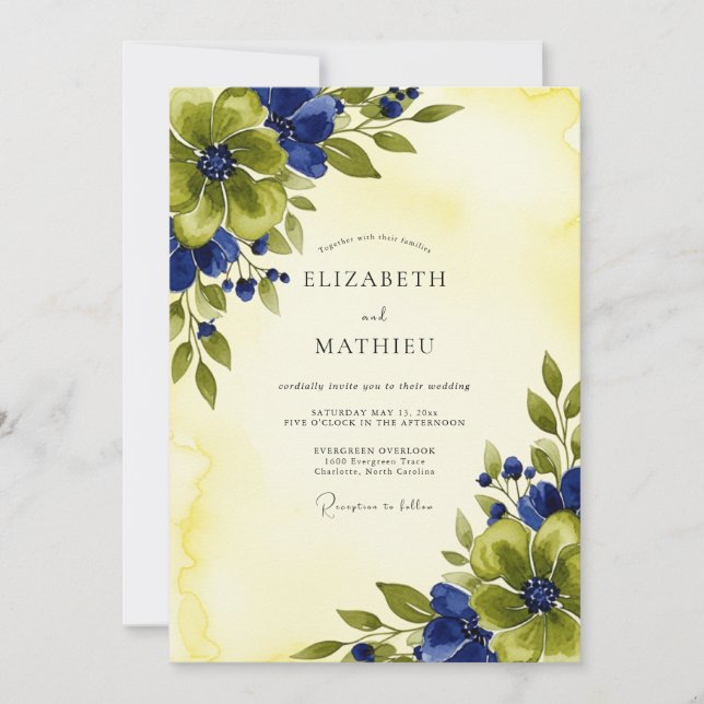 Convite Navy Blue Mesmerizing Botanical Summer Wedding (Frente)