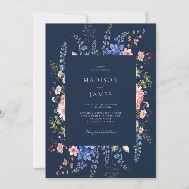 Convite Navy Blue Minimalist Wildflower Floral Wedding (Frente)