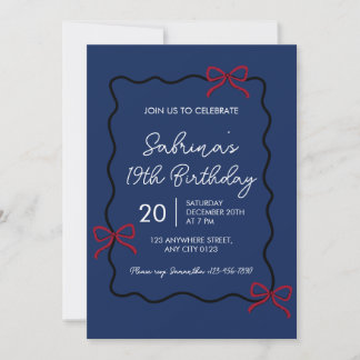 Convite Navy Blue Modern Coquette 19th Birthday Invitation