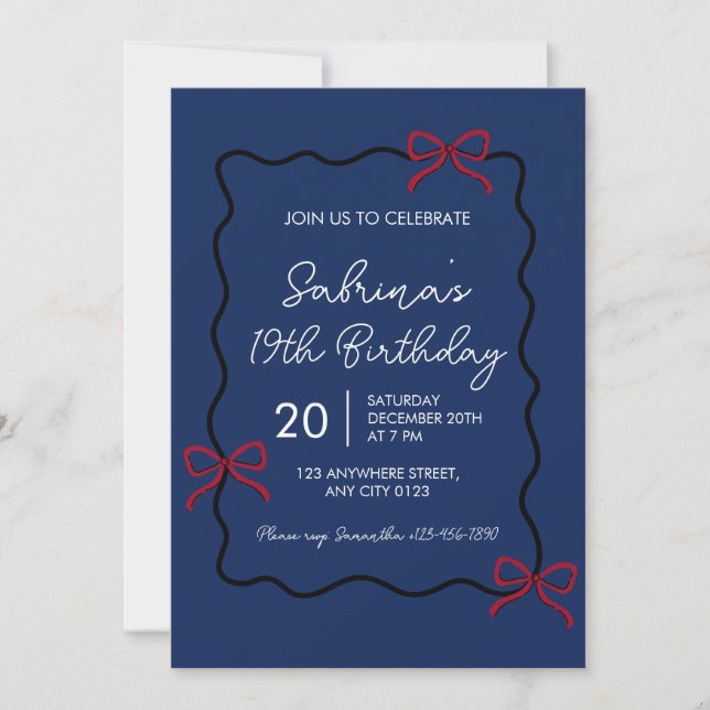 Convite Navy Blue Modern Coquette 19th Birthday Invitation (Frente)