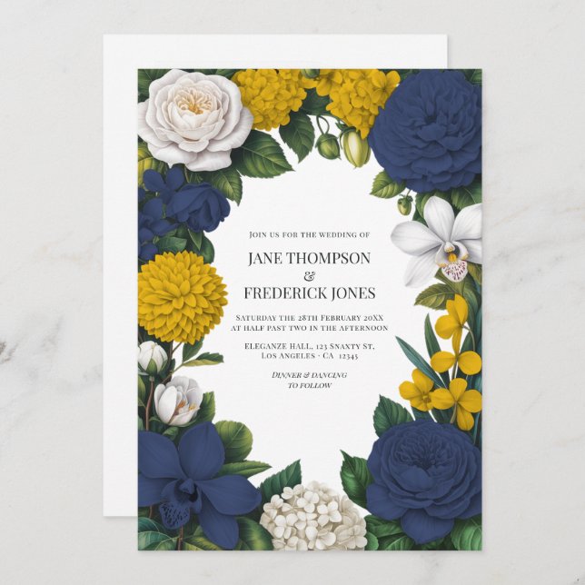 Convite Navy Blue, Mustard Yellow & White Floral Wedding (Frente/Verso)