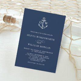 Convite Navy Blue Nautical Anchor Monogram Minimal Wedding