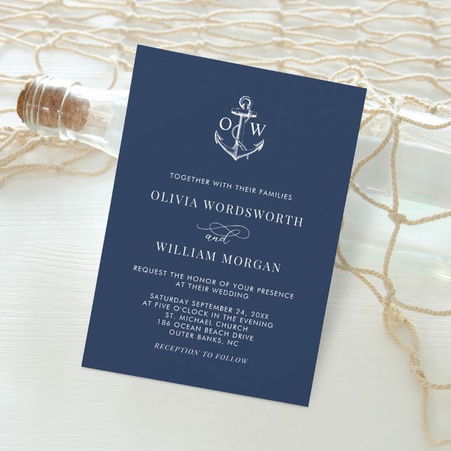 Convite Navy Blue Nautical Anchor Monogram Minimal Wedding (Criador carregado)