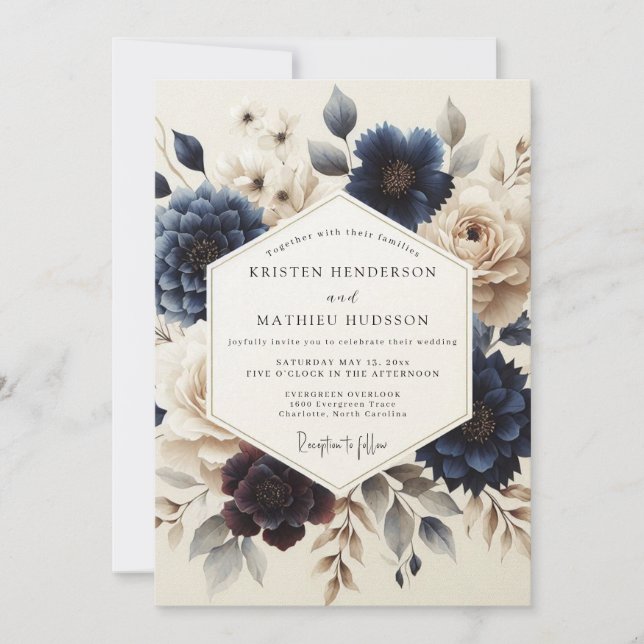 Convite Navy Blue Painterly Bloom Wedding (Frente)