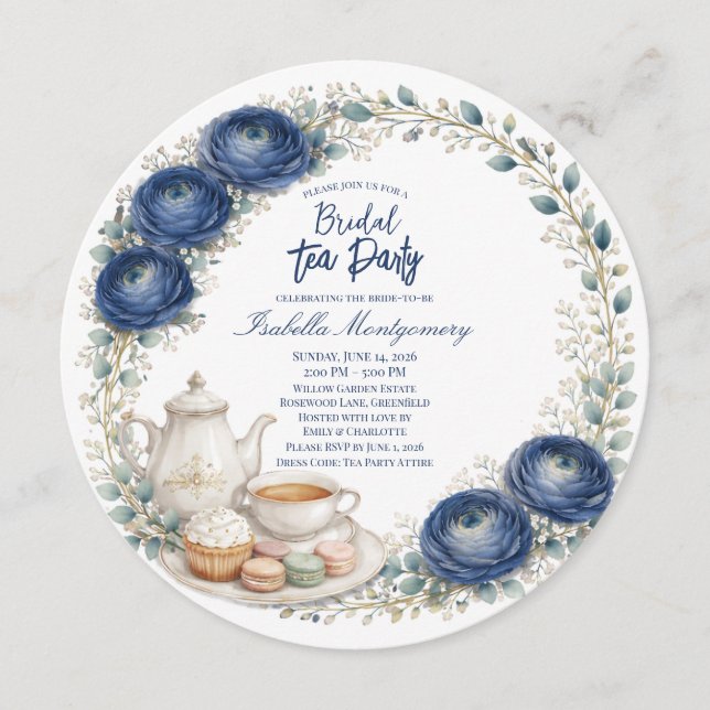Convite Navy Blue Palette Tea Party Bridal Shower (Frente)