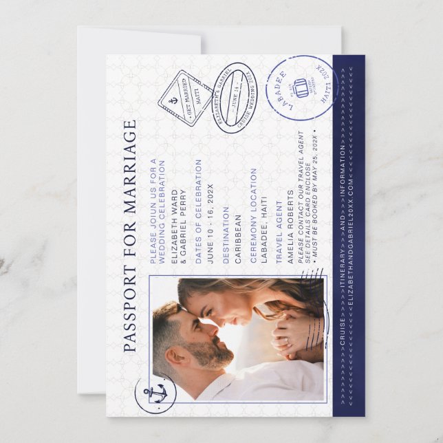 Convite Navy Blue Passport Destination Wedding Cruise (Verso)