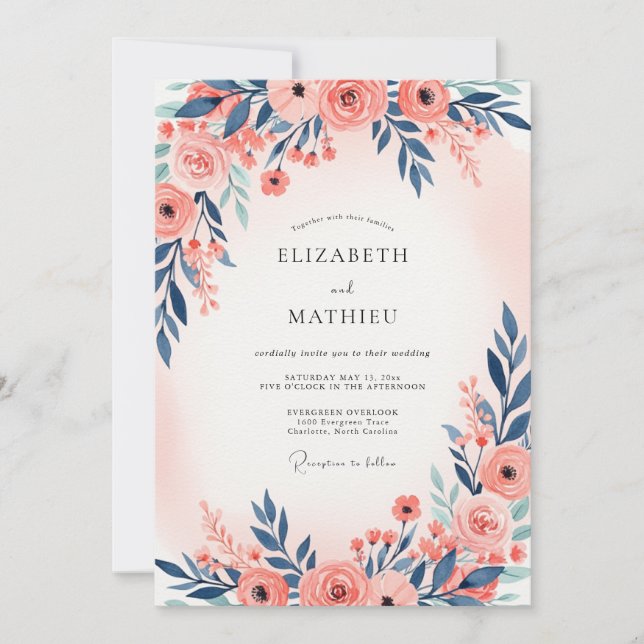 Convite Navy Blue Peach Ethereal Spring Wedding (Frente)