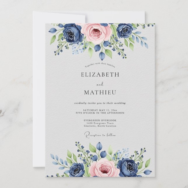 Convite Navy Blue Pink Lavish Botanical Wedding (Frente)