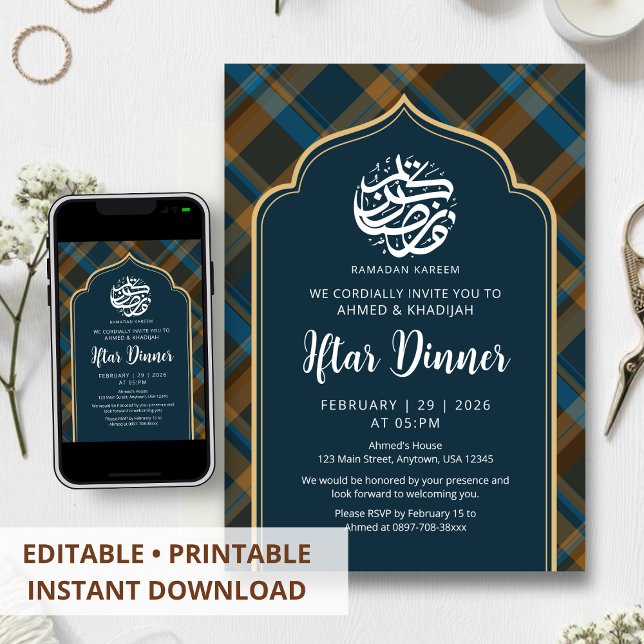Convite Navy Blue Plaid Frame Ramadan Iftar Invitation (Criador carregado)