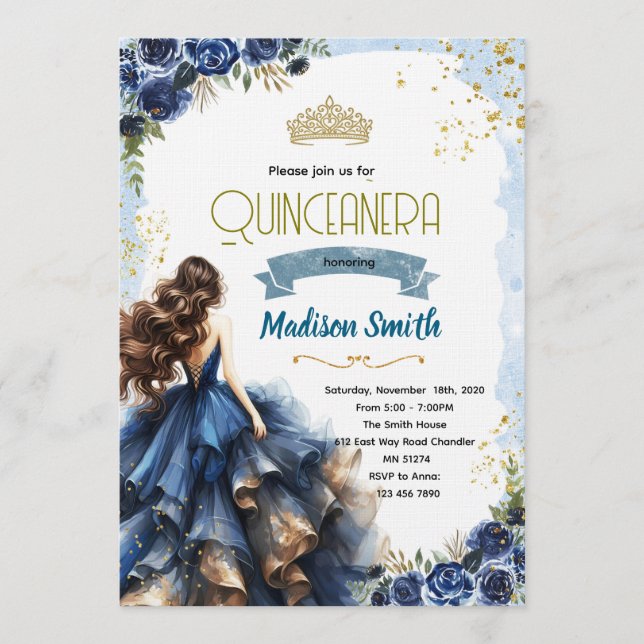 Convite Navy Blue Quinceanera Invitation (Frente)