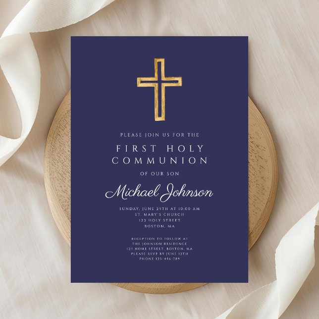 Convite Navy Blue Religious Cross Boy First Communion (Navy Blue Religious Cross Boy First Communion Invitation)