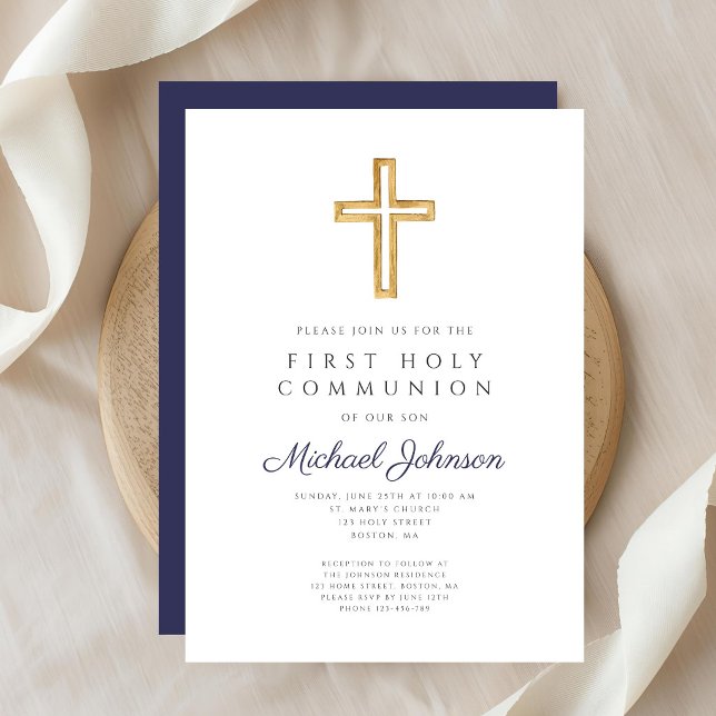 Convite Navy Blue Religious Cross Boy First Communion (Navy Blue Religious Cross Boy First Communion Invitation)