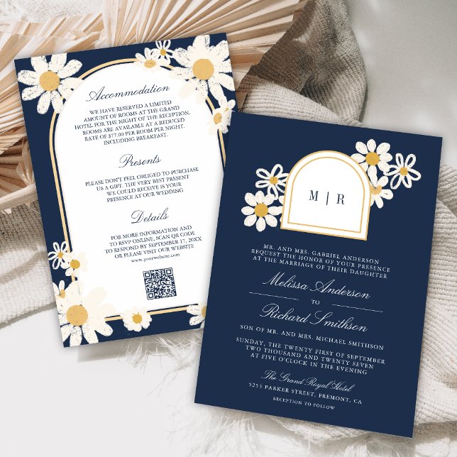 Convite Navy Blue Retro Yellow Daisy All in One Wedding (Criador carregado)
