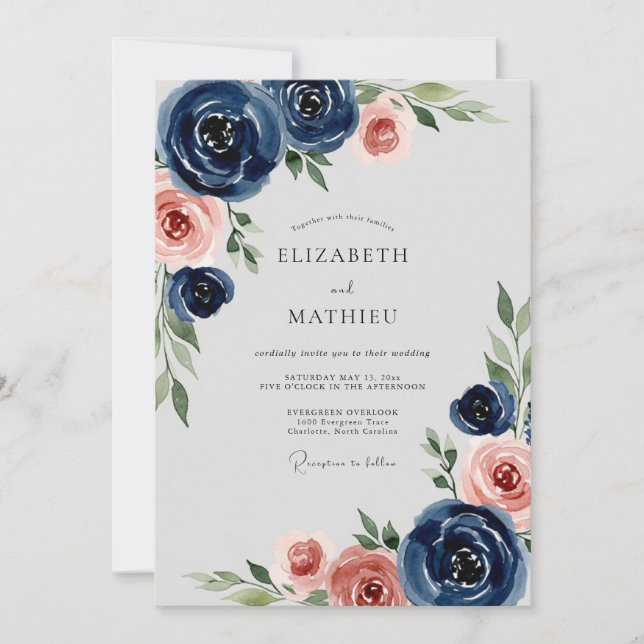 Convite Navy Blue Romantic Peony Wedding (Frente)