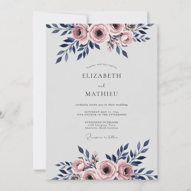 Convite Navy Blue Romantic Watercolor Wedding (Frente)